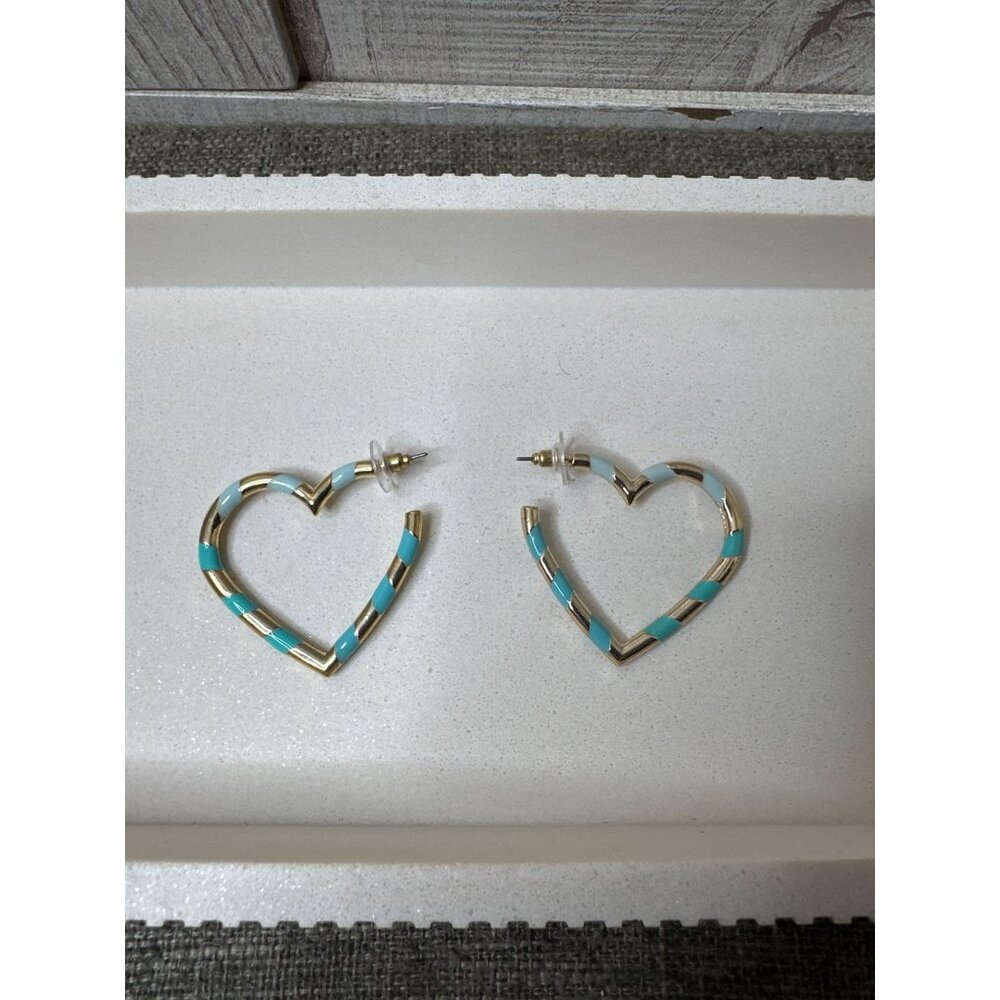 Heart-Shaped Striped Hoop Earrings Gold Tone & Turquoise Blue Womens Fashion